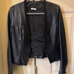 Cache Elegant Black Beaded Fringe  Leather Look Jacket Size 6